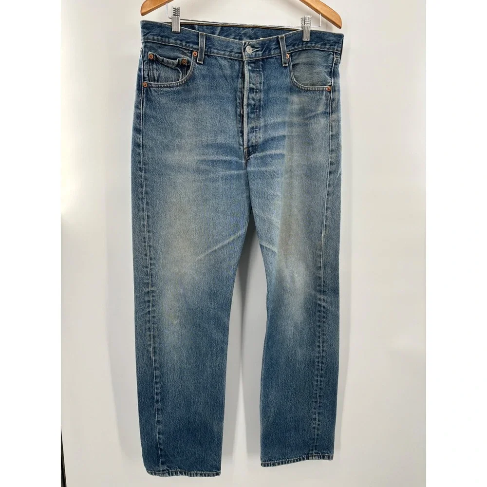 Levis 501 Mens 36x34 Y2KEra 2000's Light Distressed Tradesman Faded Blue Denim